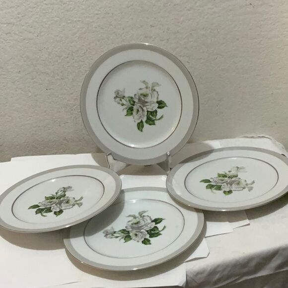 Vlntage WHITE ROSE" Platinum Pattern #3939 Japan Set 4 Dinner Plates 10 1/8"  G9 - Picture 1 of 12